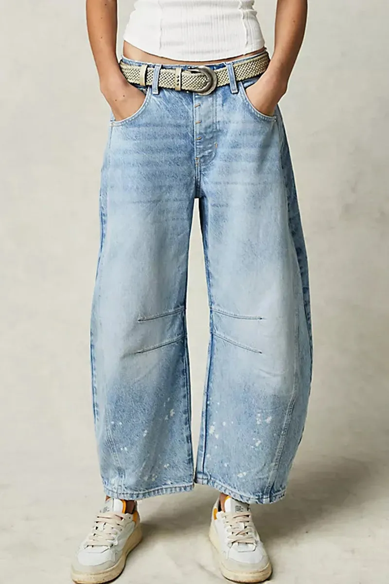 Casual Solid Make Old Pocket High Waist Loose Denim Jeans