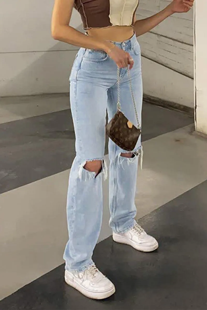 Casual Solid Ripped High Waist Denim Jeans