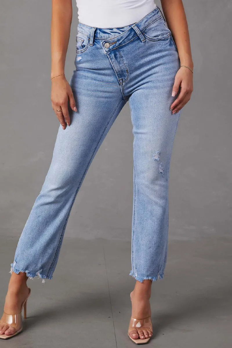 Casual Street Solid Make Old Pocket Asymmetrical High Waist Skinny Denim Jeans