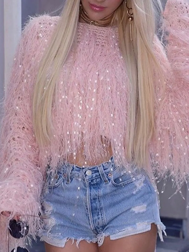 Chic Pink Ribbed Crop Sweater with Tassels for Effortless Weekend Style