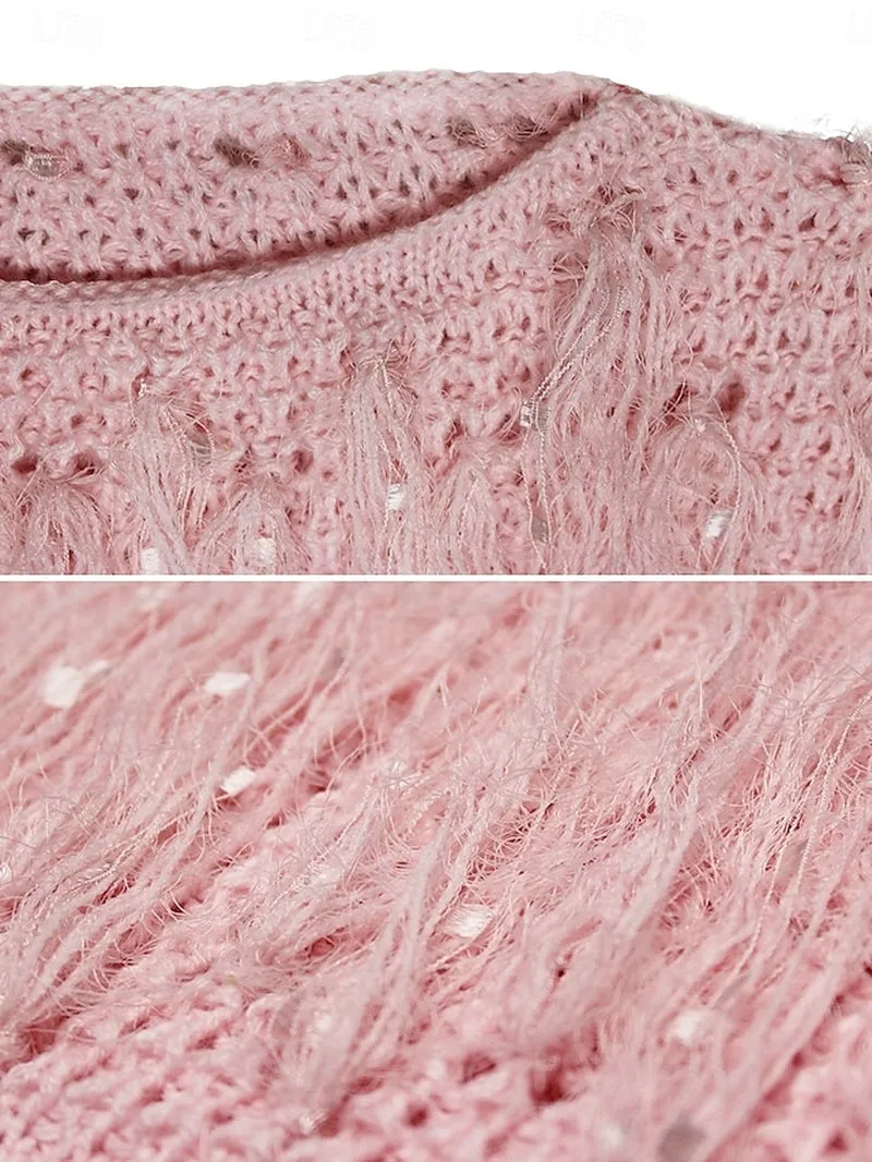 Chic Pink Ribbed Crop Sweater with Tassels for Effortless Weekend Style