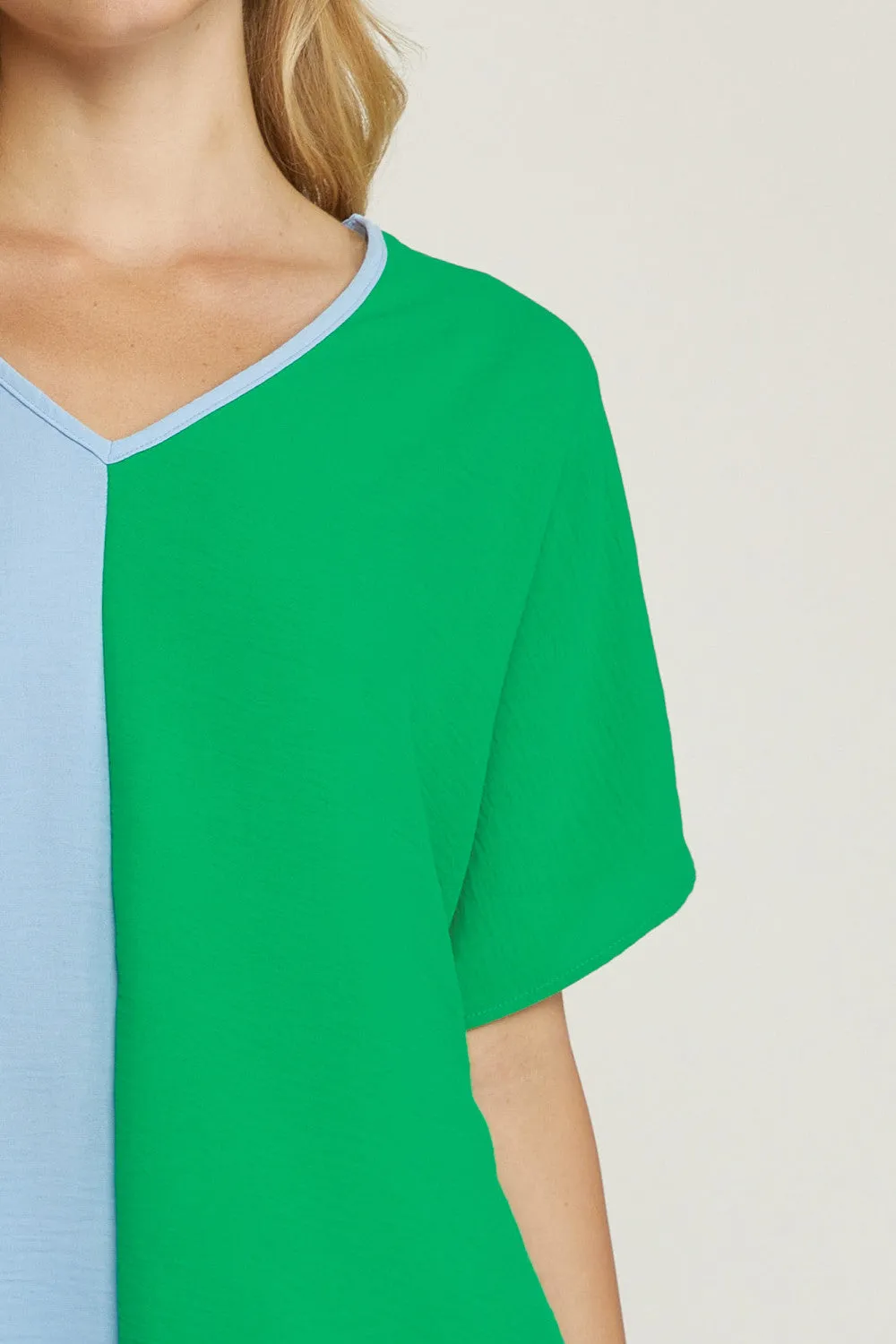 Color Block V-Neck Top, Green