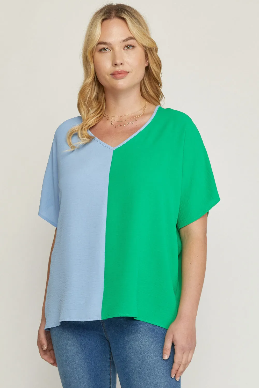 Color Block V-Neck Top, Green