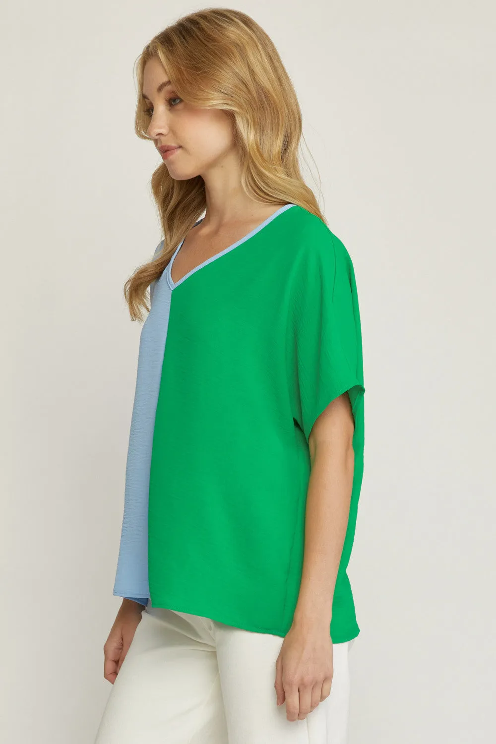 Color Block V-Neck Top, Green