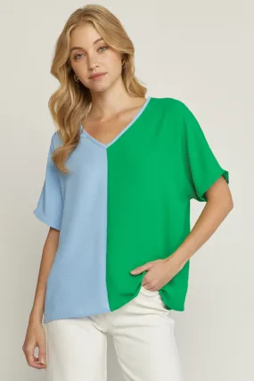 Color Block V-Neck Top, Green