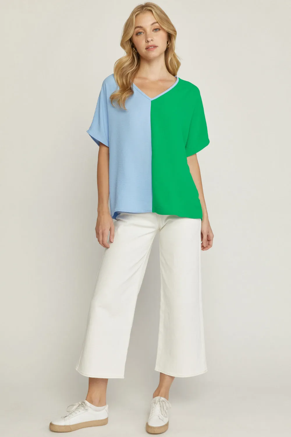 Color Block V-Neck Top, Green