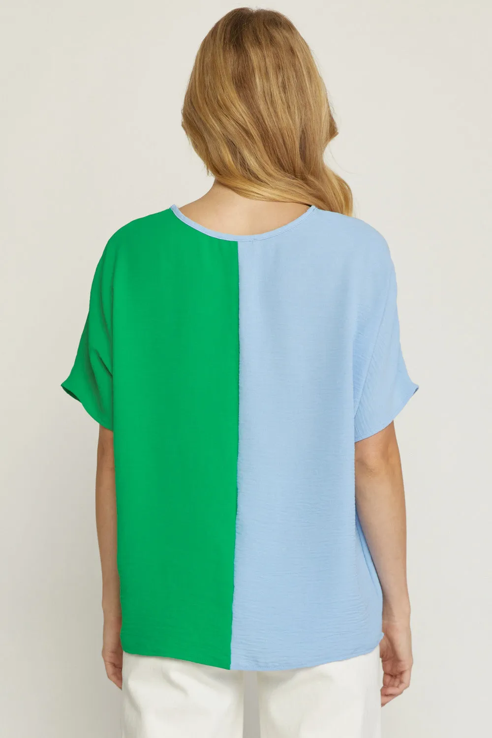 Color Block V-Neck Top, Green