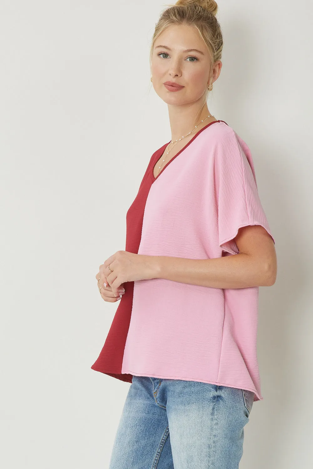 Color Block V-Neck Top, Ruby