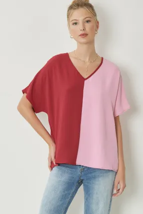 Color Block V-Neck Top, Ruby