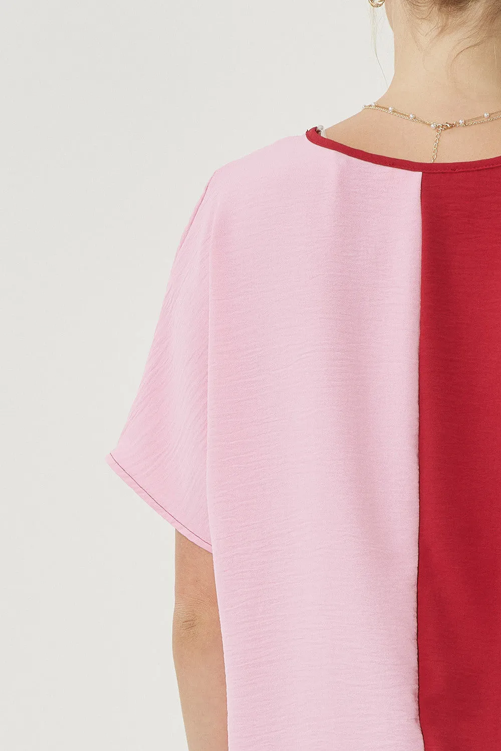 Color Block V-Neck Top, Ruby