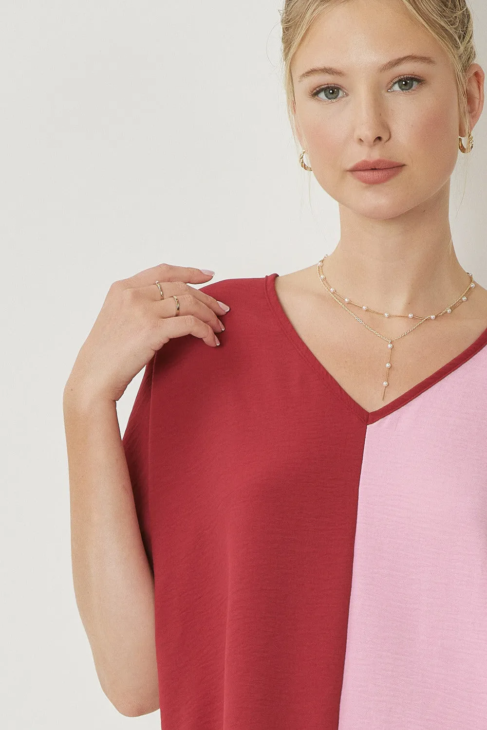 Color Block V-Neck Top, Ruby