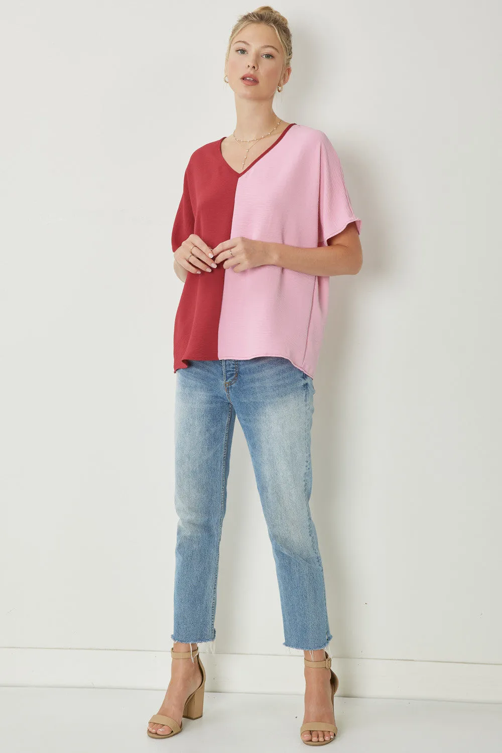 Color Block V-Neck Top, Ruby