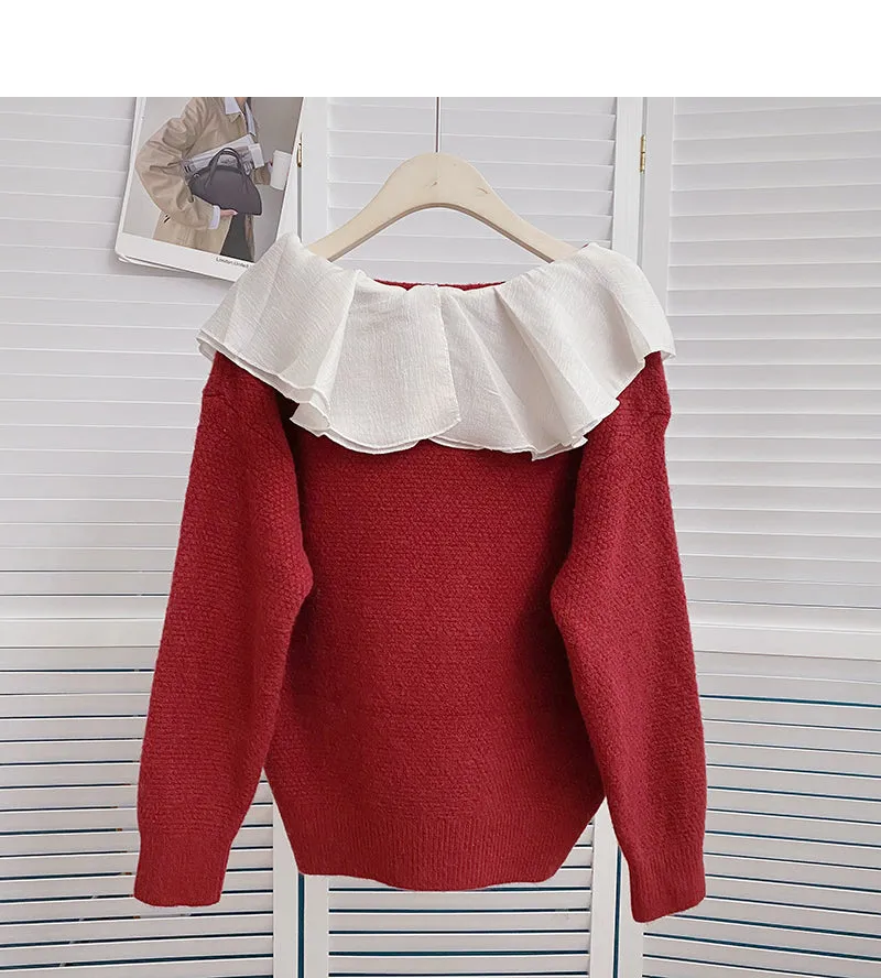 Color contrast doll neck long sleeve Pullover Sweater  6194