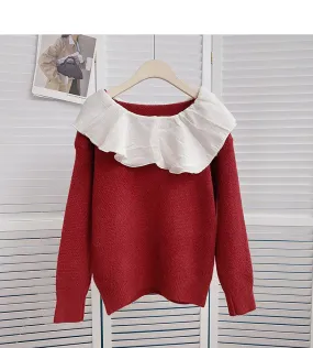 Color contrast doll neck long sleeve Pullover Sweater  6194