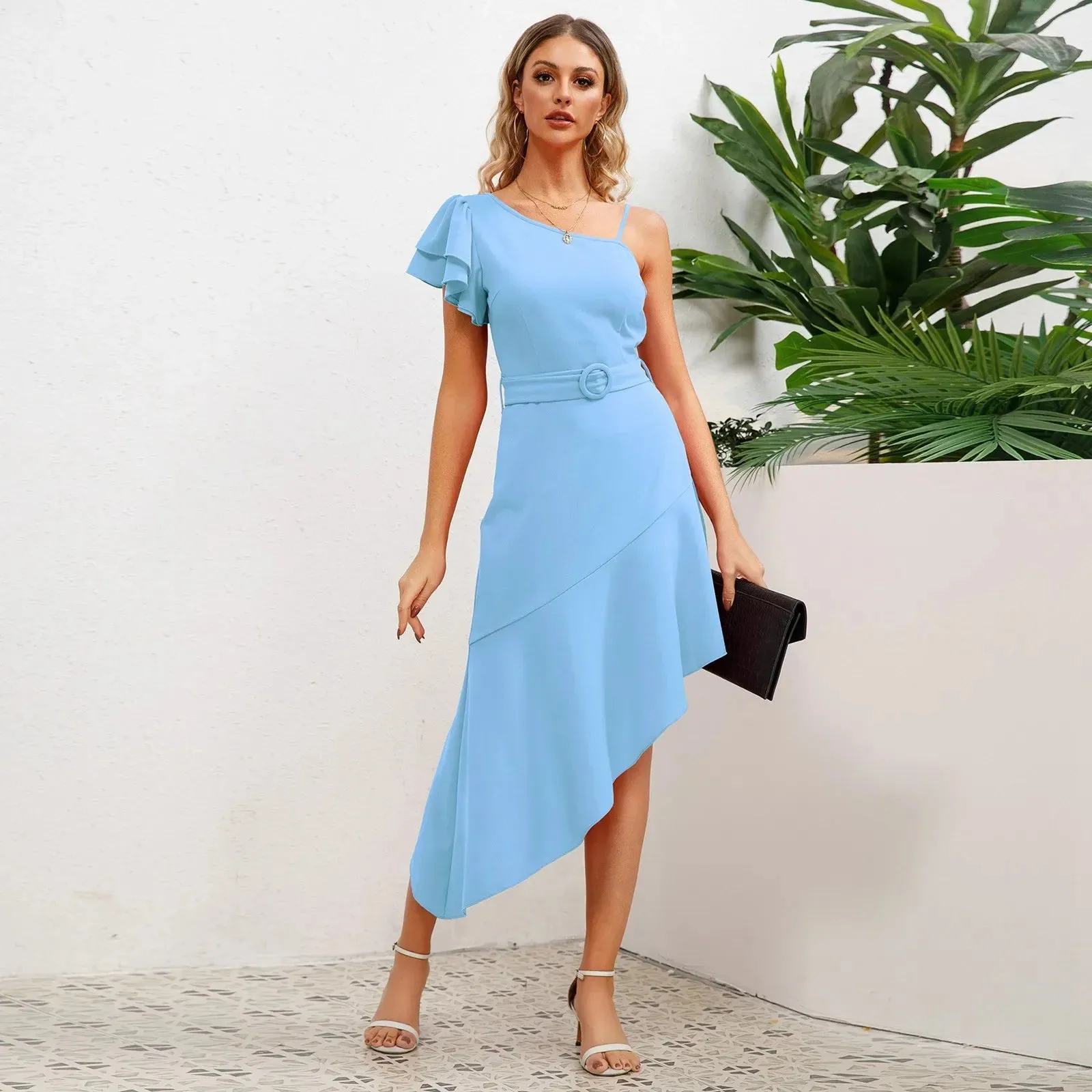 Color One Shoulder Spaghetti Strap Irregular Hem Elegant Party Evening Midi Solid Dress