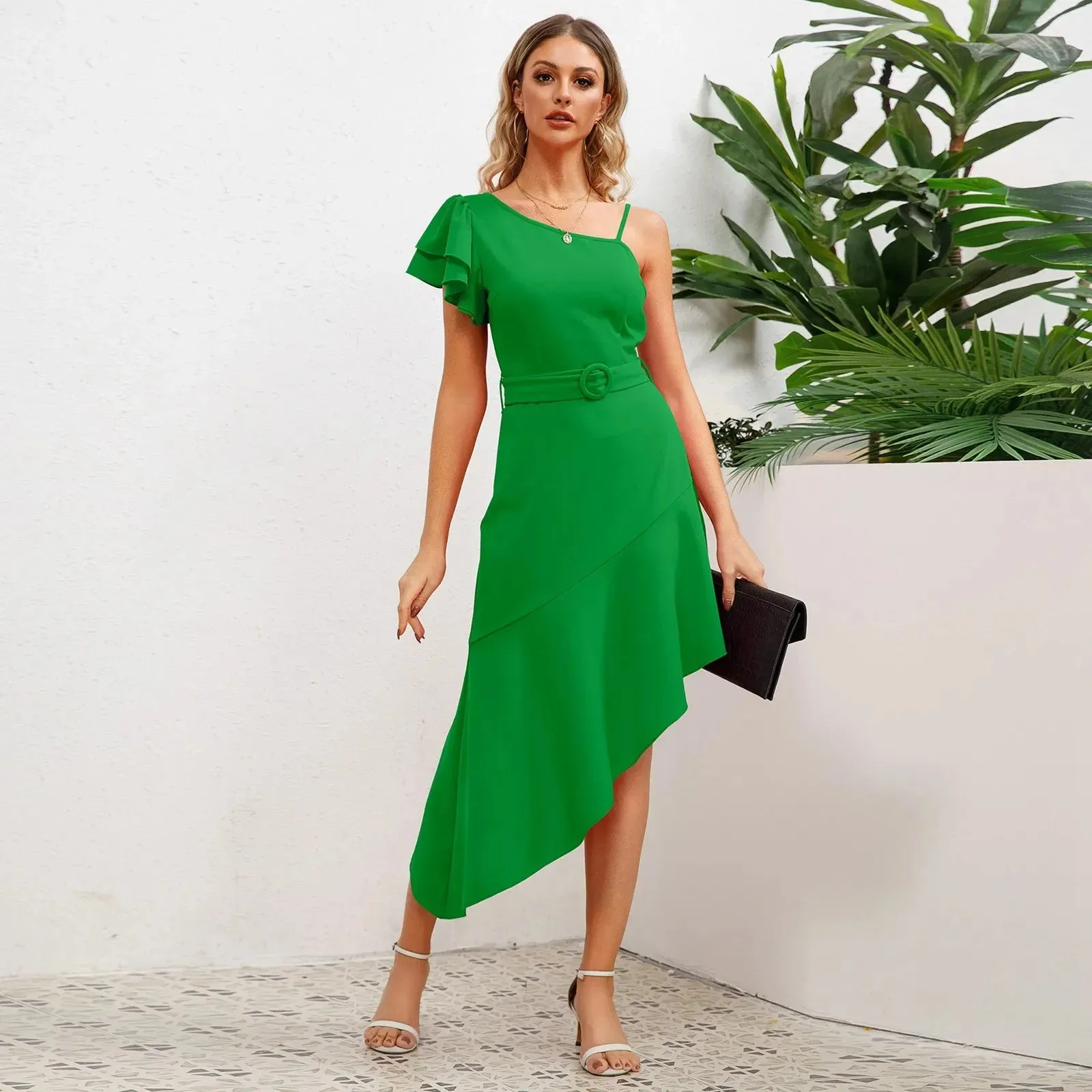 Color One Shoulder Spaghetti Strap Irregular Hem Elegant Party Evening Midi Solid Dress