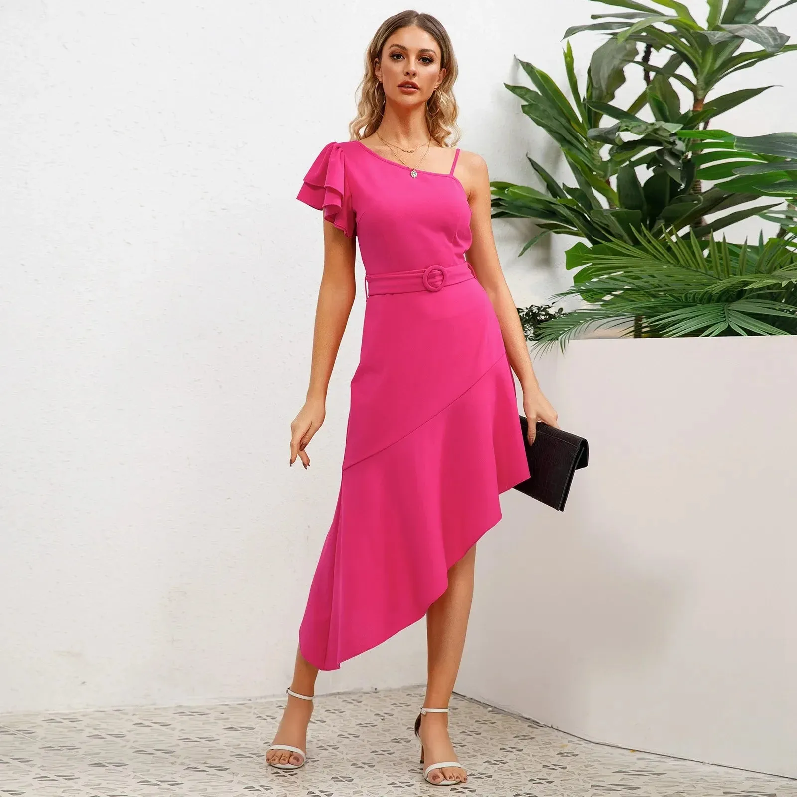 Color One Shoulder Spaghetti Strap Irregular Hem Elegant Party Evening Midi Solid Dress