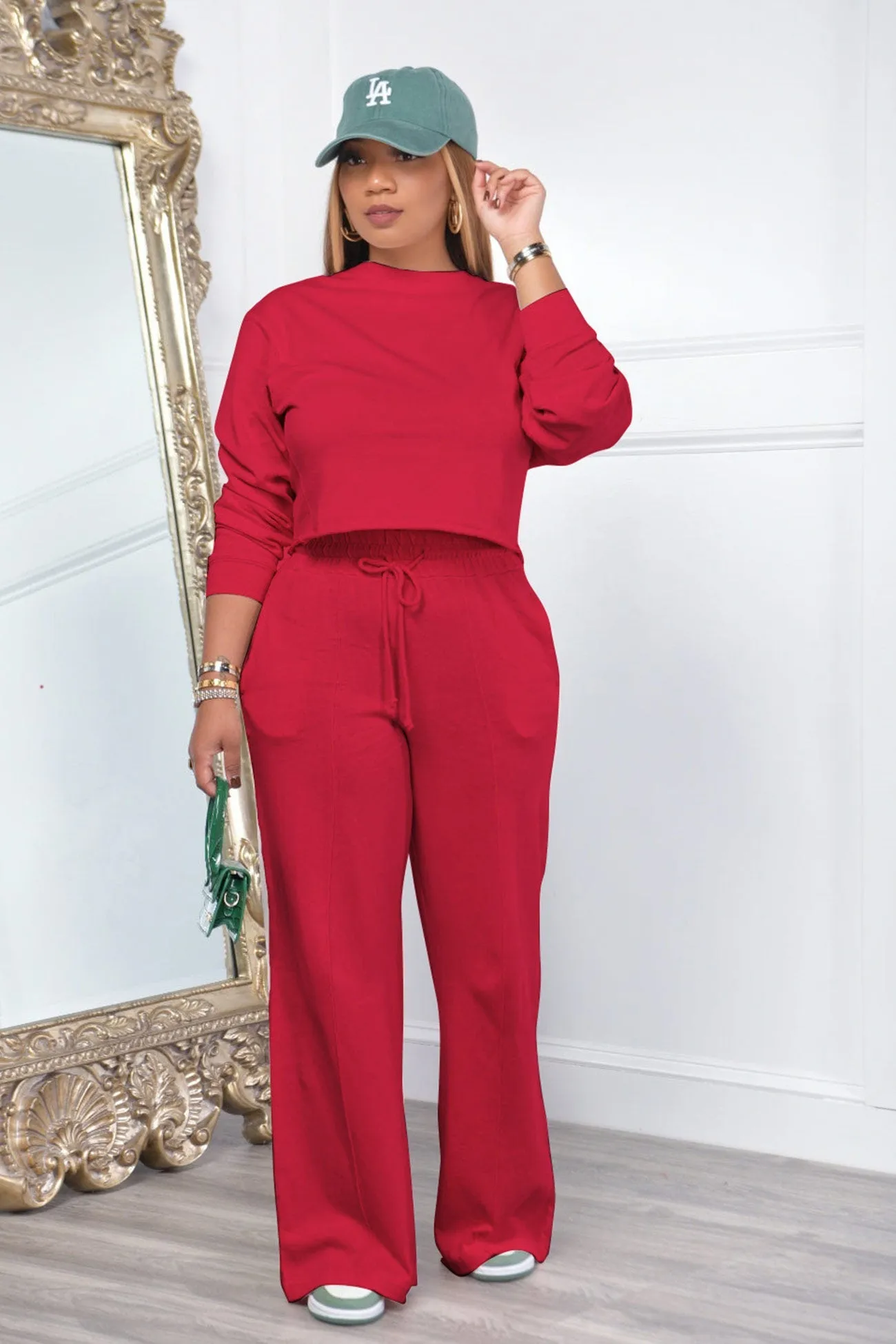 Crew Neck Crop Top Wide Leg Long Pants Suits