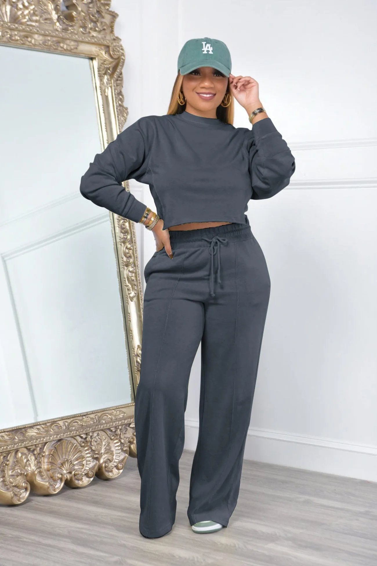 Crew Neck Crop Top Wide Leg Long Pants Suits