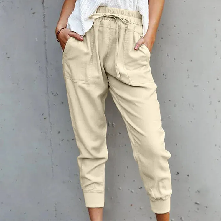 Cross Border Summer New Style Solid Color Simple Lace Up Casual For Women High Waist Slim Slim-fit Pants