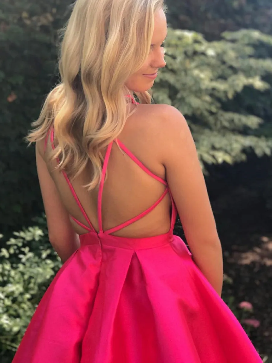 Cute V Neck Open Back Fuchsia Short Prom Homecoming, Fuchsia Short Formal, Fuchsia Graduation Evening