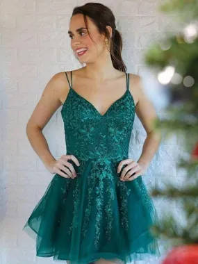 Cute V Neck Short Green Lace Prom Homecoming Dresses, Short V Neck Green Lace Formal Evening Dresses