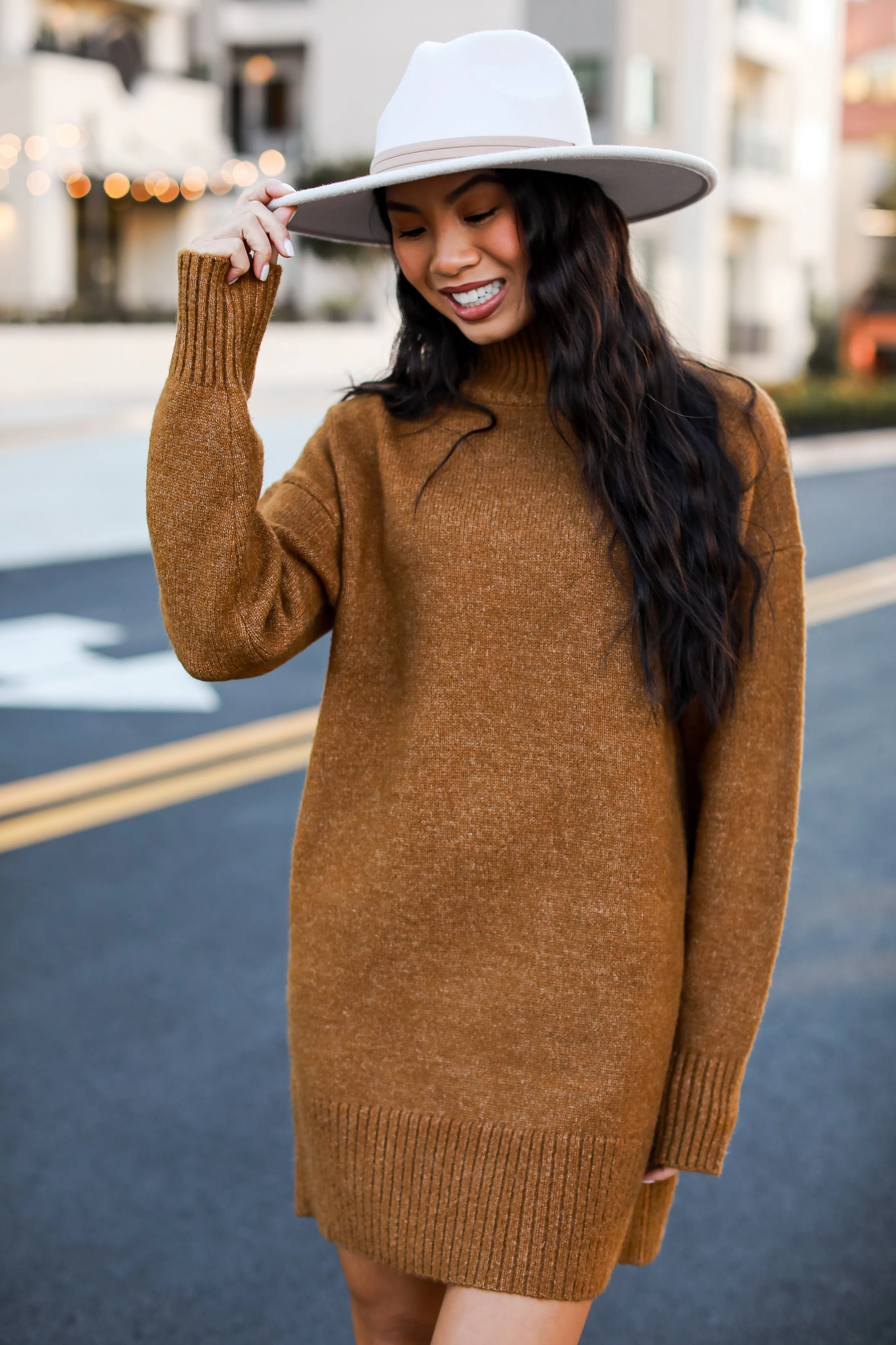 Definitely Chic Camel Mini Sweater Dress - DOORBUSTER