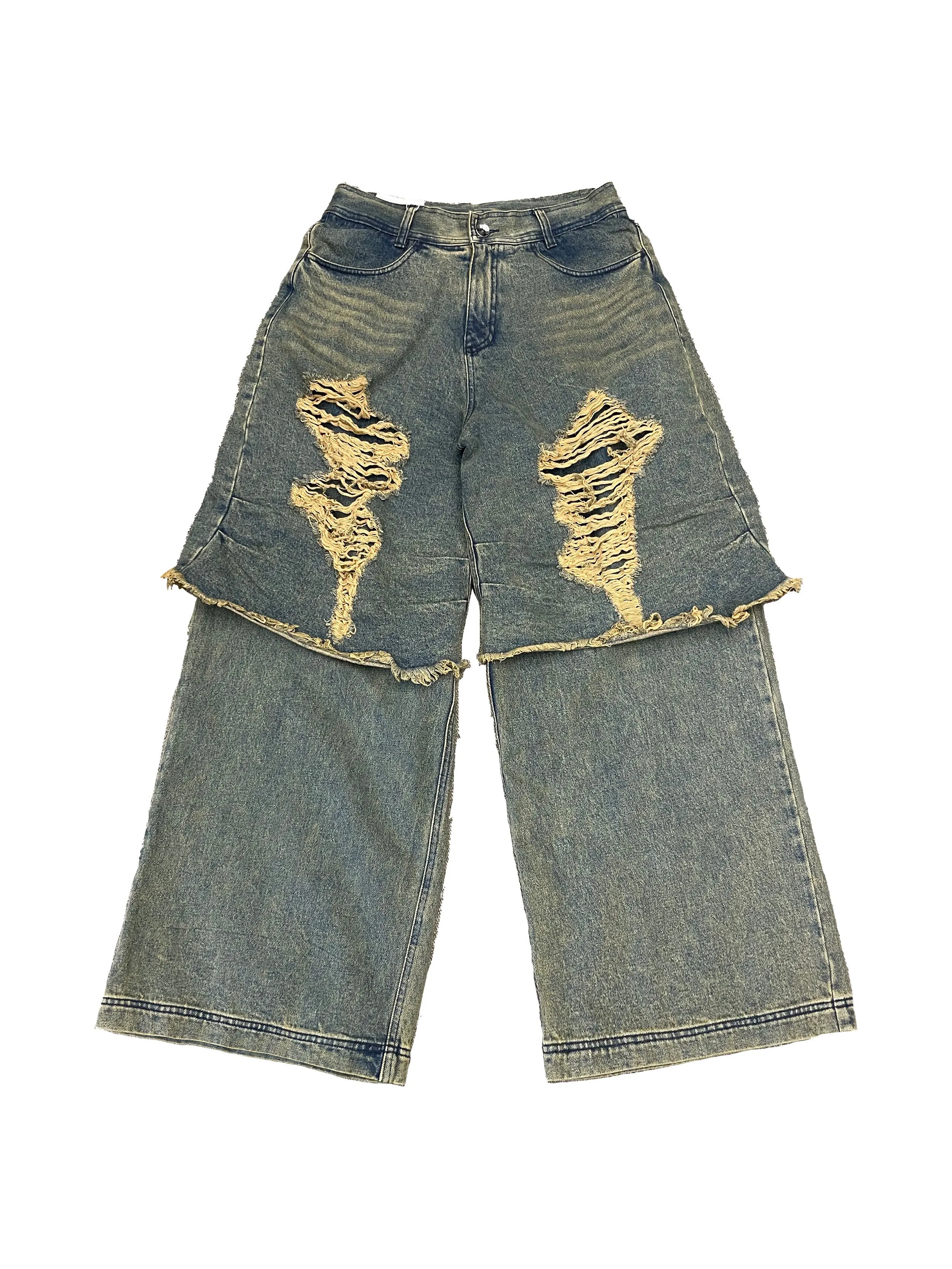 Destroyed vintage double denim pants