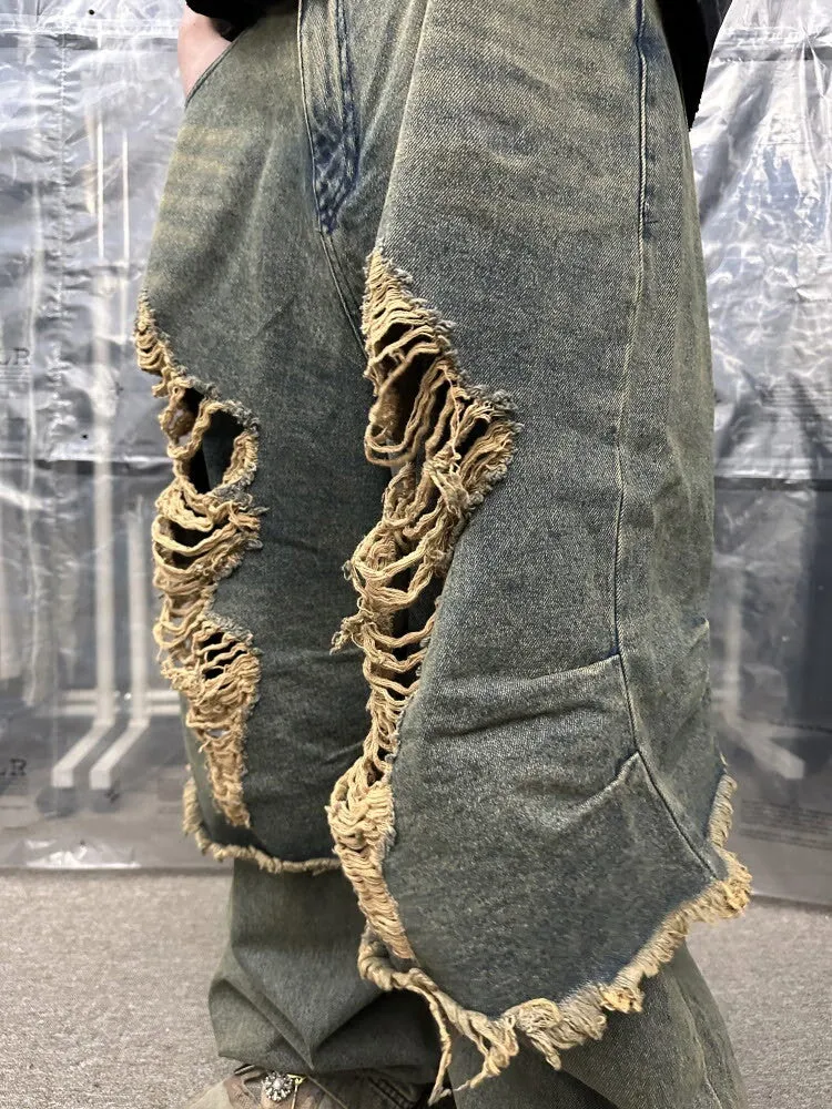 Destroyed vintage double denim pants