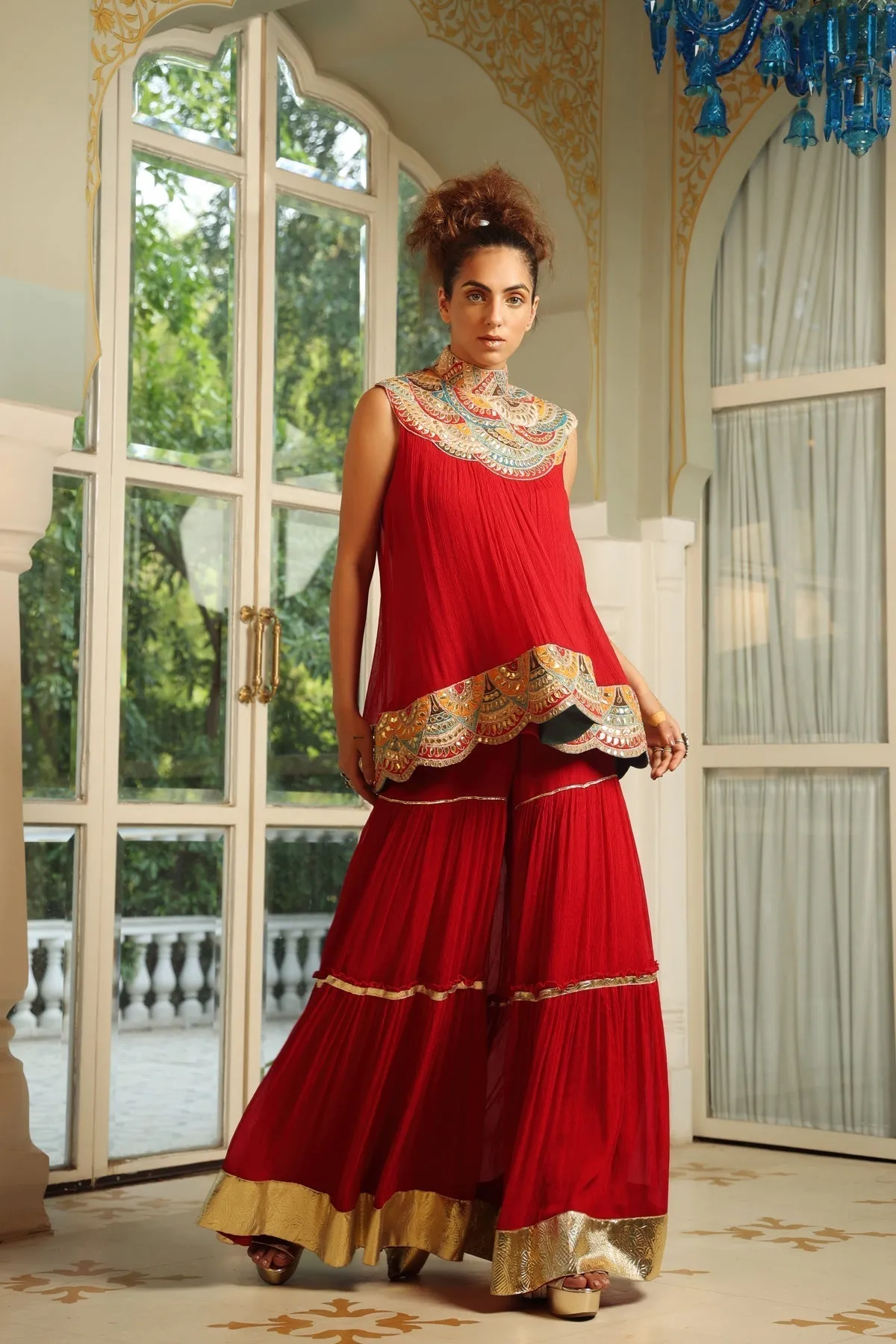 Dilruba crimson bejewelled gotapatti tunic set