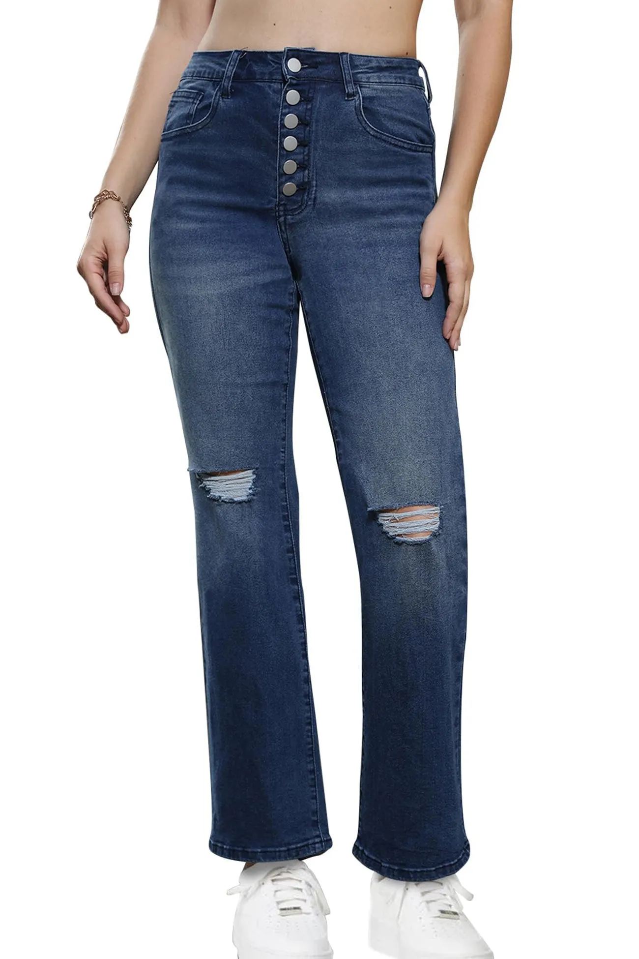 Distressed Button Straight Leg Jeans