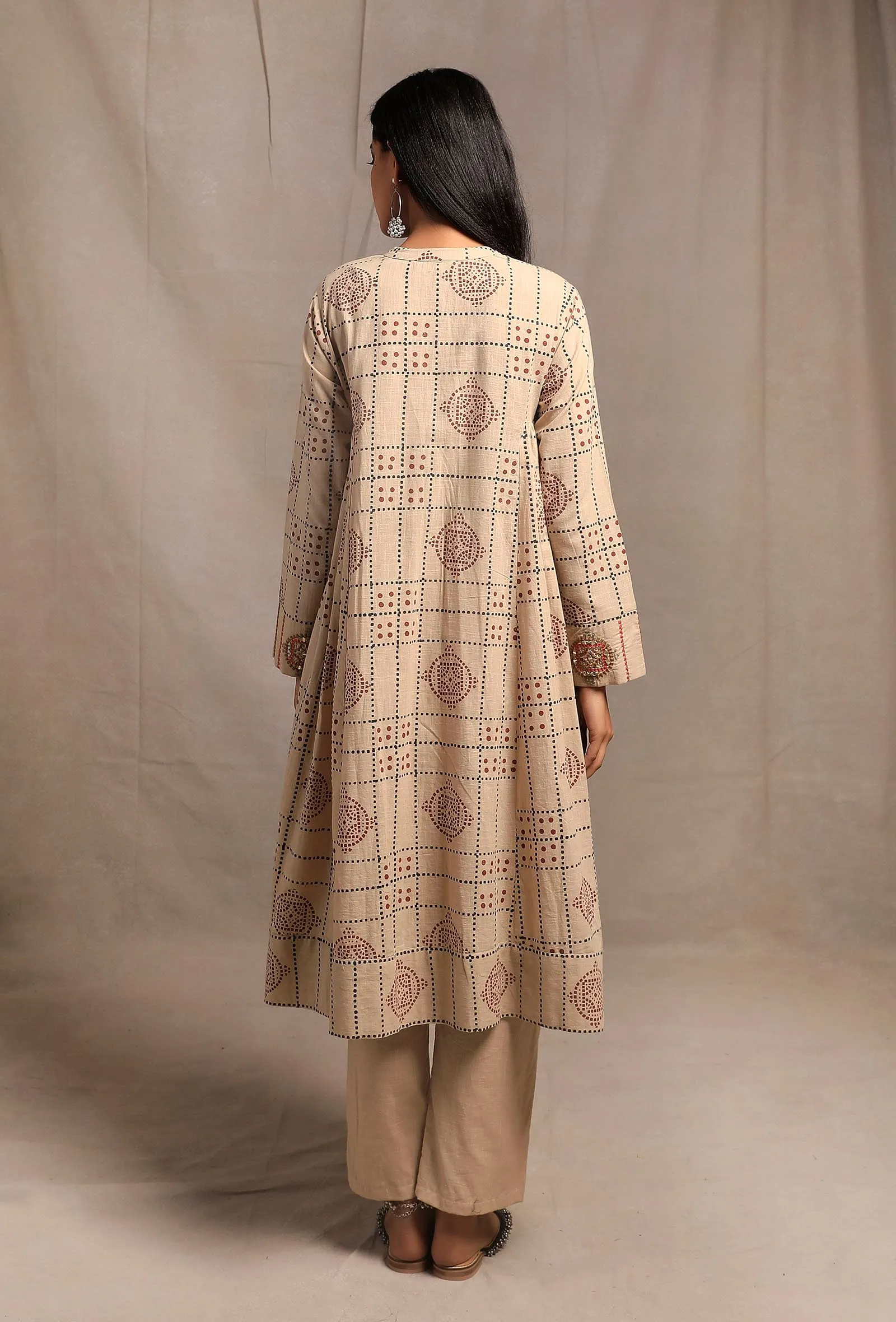 Ecru Hand block Printed Bust-side Gathered Tunic Dress