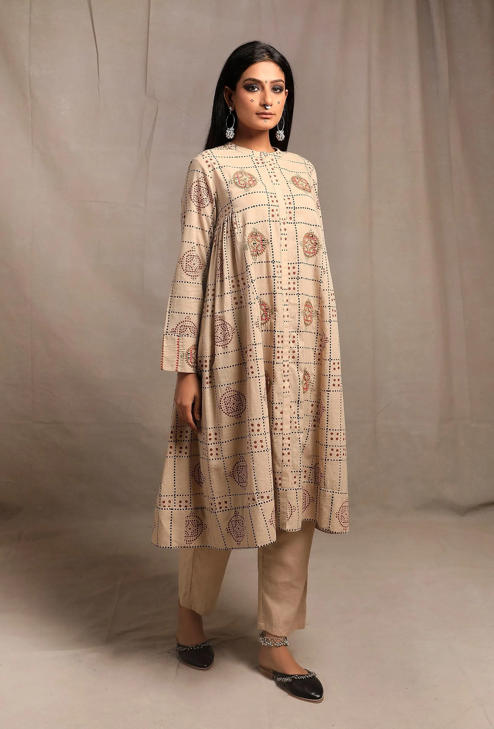 Ecru Hand block Printed Bust-side Gathered Tunic Dress