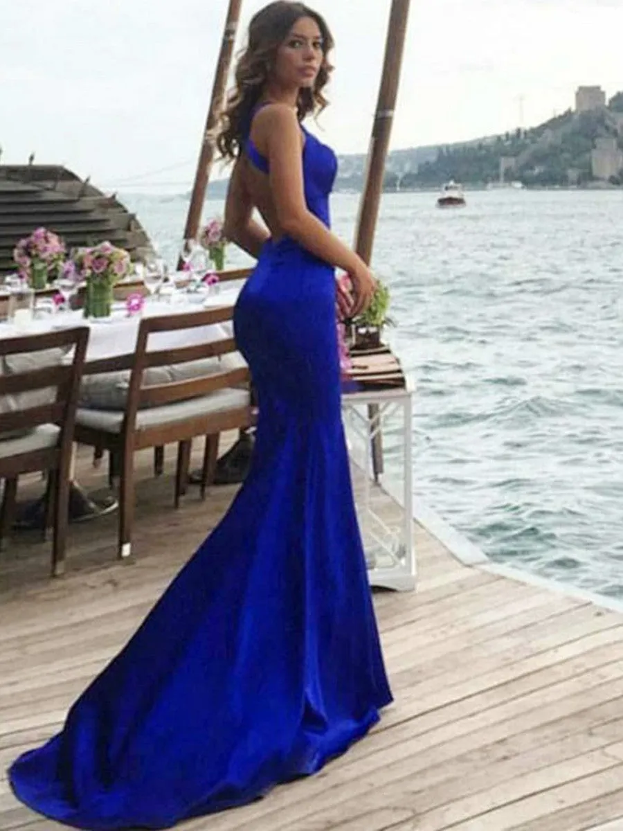 Elegant Mermaid Backless Royal Blue Prom with Train, Royal Blue Formal, Graduation