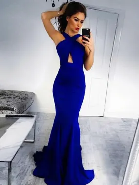 Elegant Mermaid Backless Royal Blue Prom with Train, Royal Blue Formal, Graduation