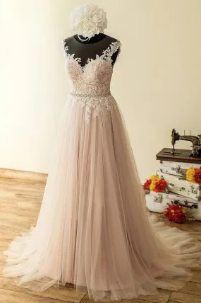 Elegant tulle lace long prom dress A line evening dress TR0725