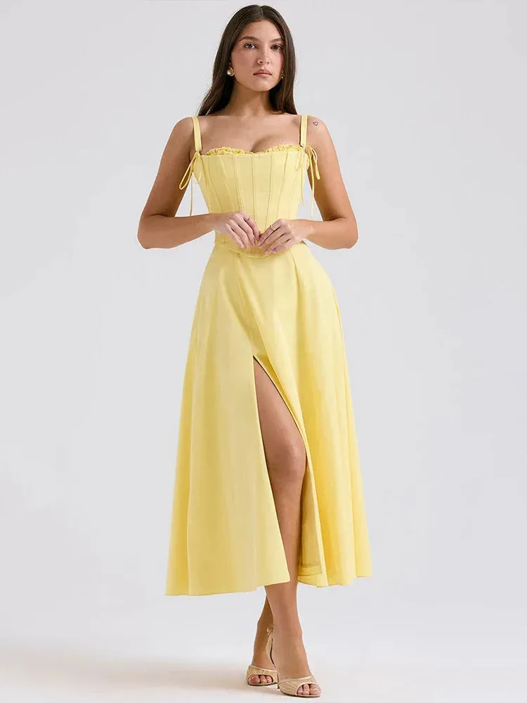 Elegant Waist Wrap A-line Long Spaghetti Strap Summer Backless Midi Dress