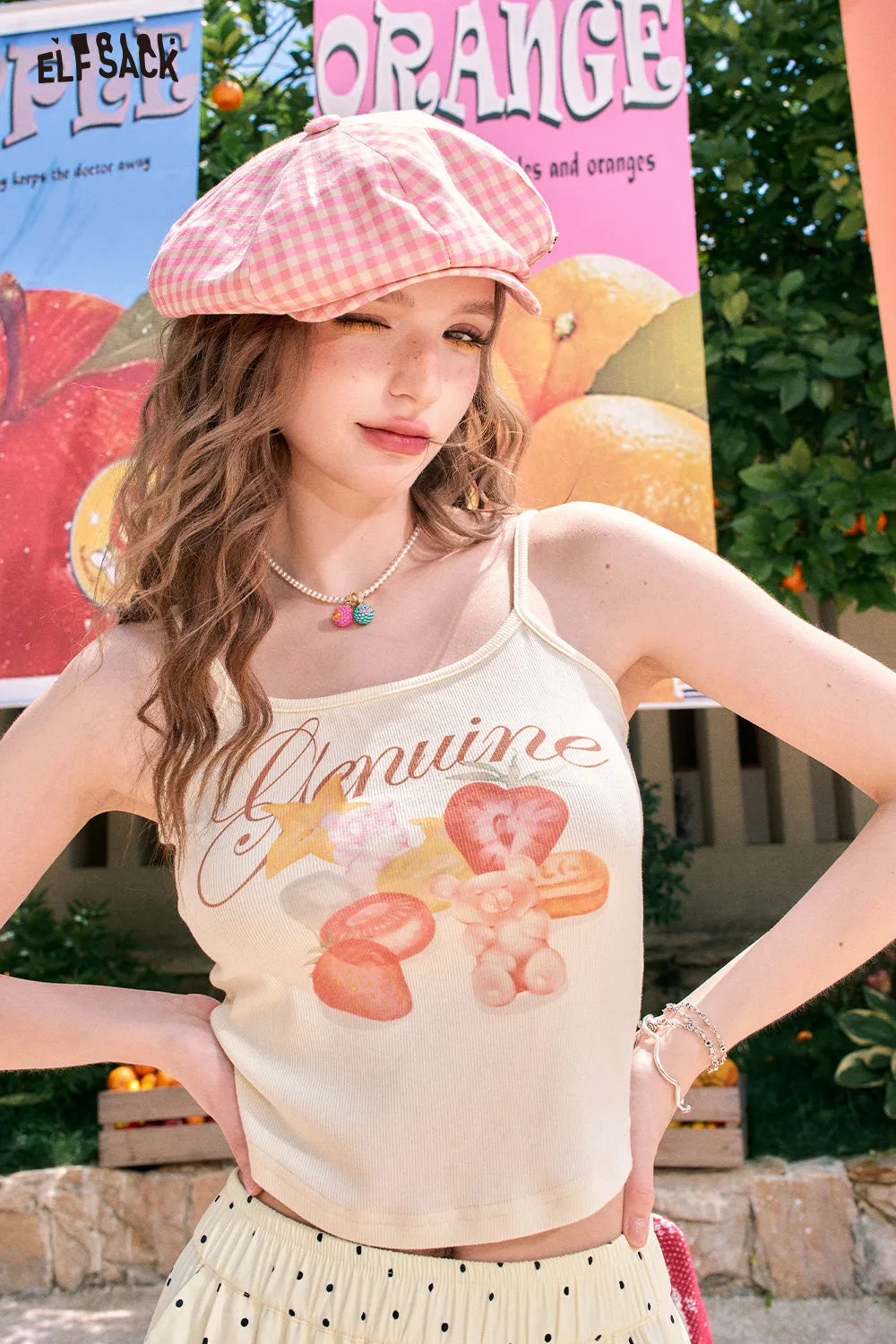 ELFSACK 2024 summer new arrival Fruit cartoon print sweet and spicy slim fit white vest camisole for women