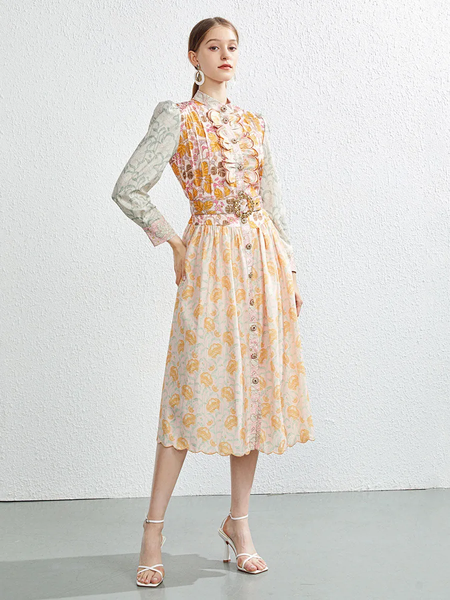 Embroidered Ruffles Floral Jullet Long Sleeves Swing Boho Dress with Belt