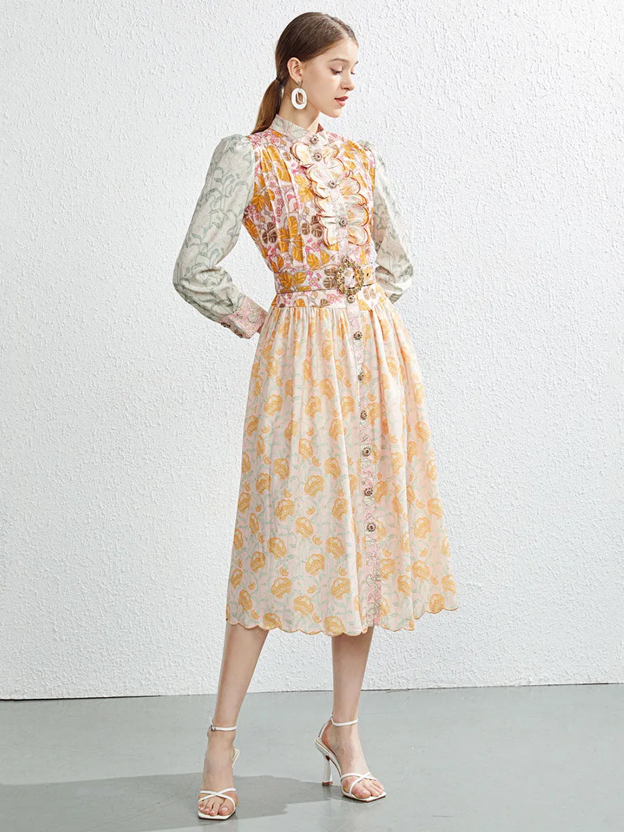 Embroidered Ruffles Floral Jullet Long Sleeves Swing Boho Dress with Belt