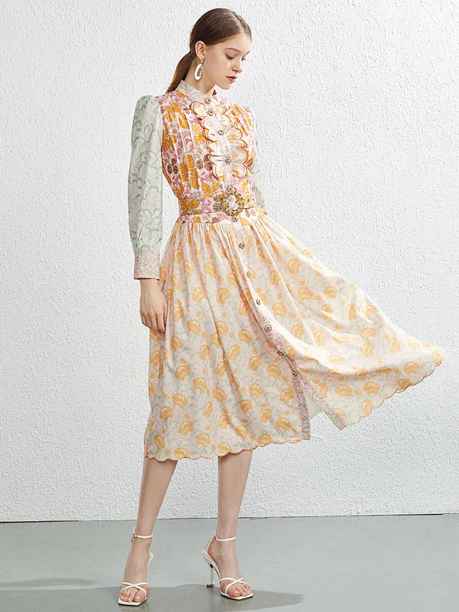 Embroidered Ruffles Floral Jullet Long Sleeves Swing Boho Dress with Belt