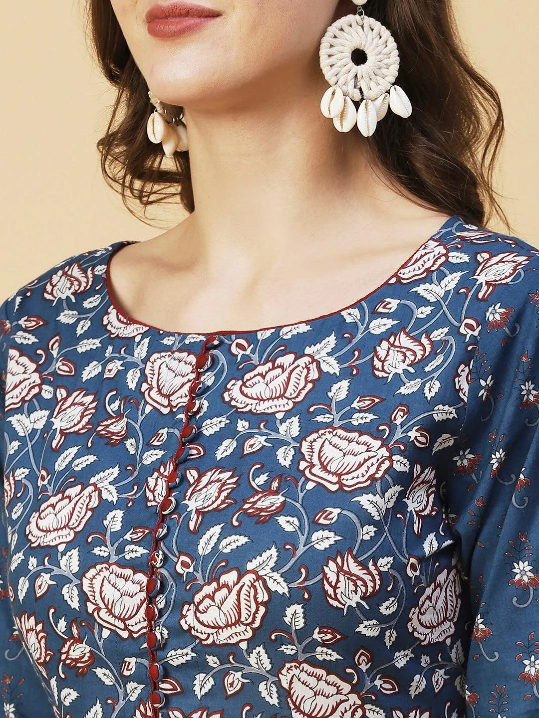 Ethnic Floral Printed A-Line Kurta with Pant - Blue