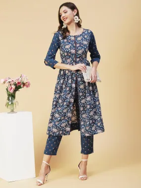 Ethnic Floral Printed A-Line Kurta with Pant - Blue