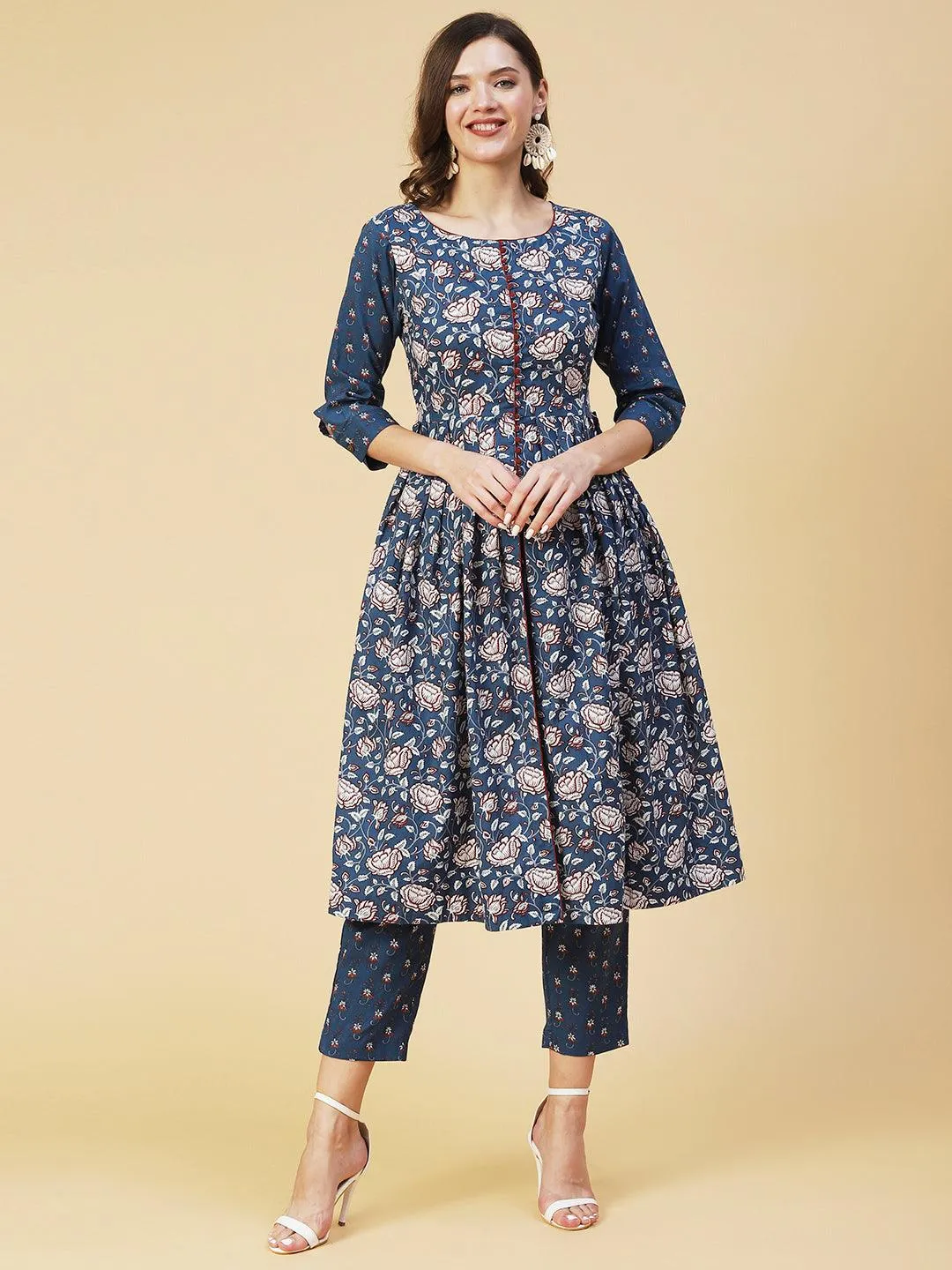 Ethnic Floral Printed A-Line Kurta with Pant - Blue