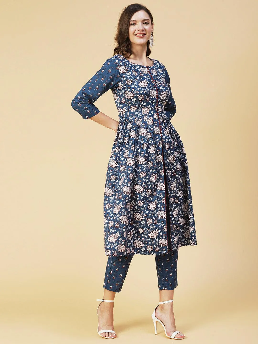 Ethnic Floral Printed A-Line Kurta with Pant - Blue