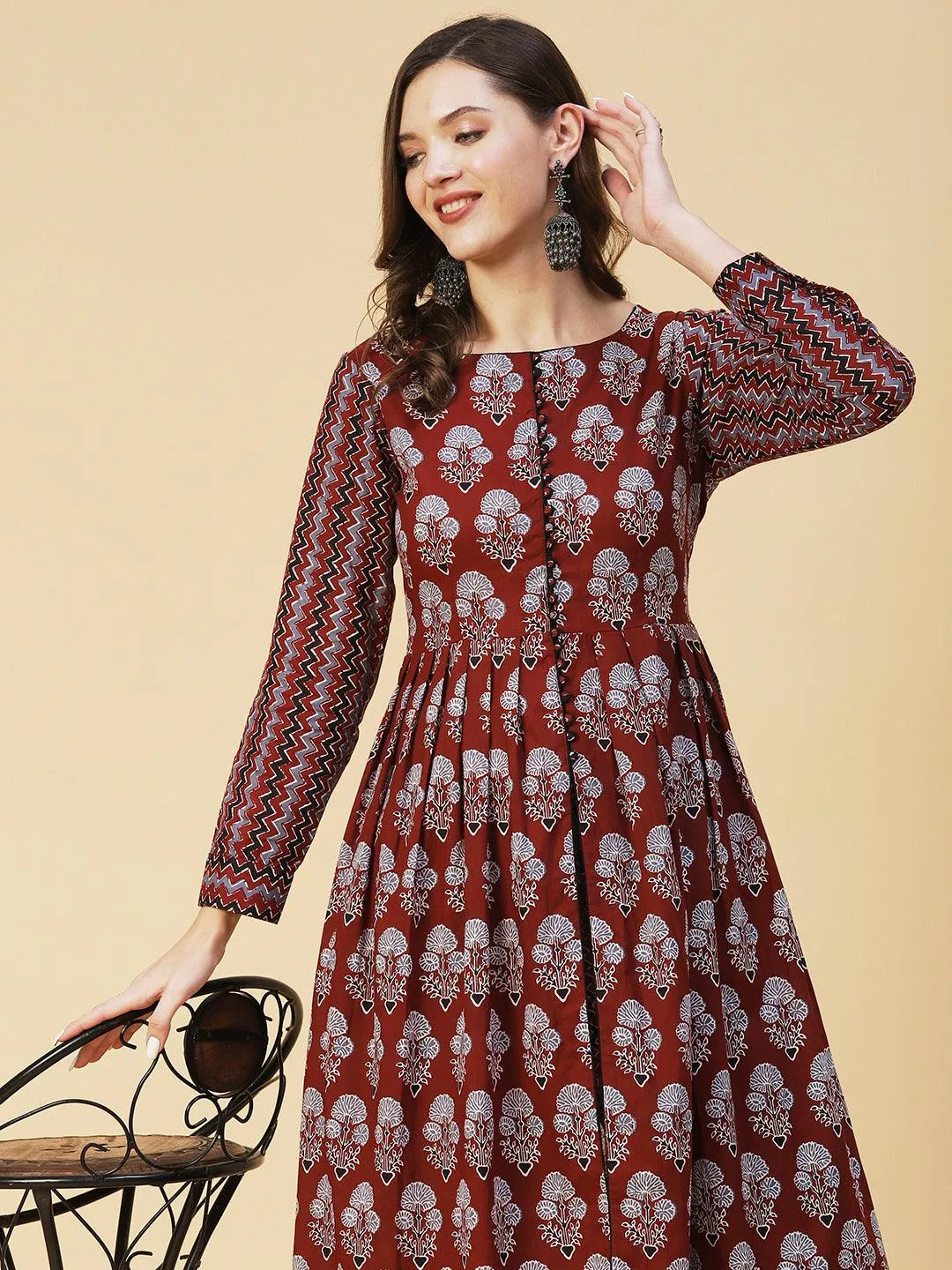 Ethnic Floral Printed A-Line Kurta with Pant - Brown