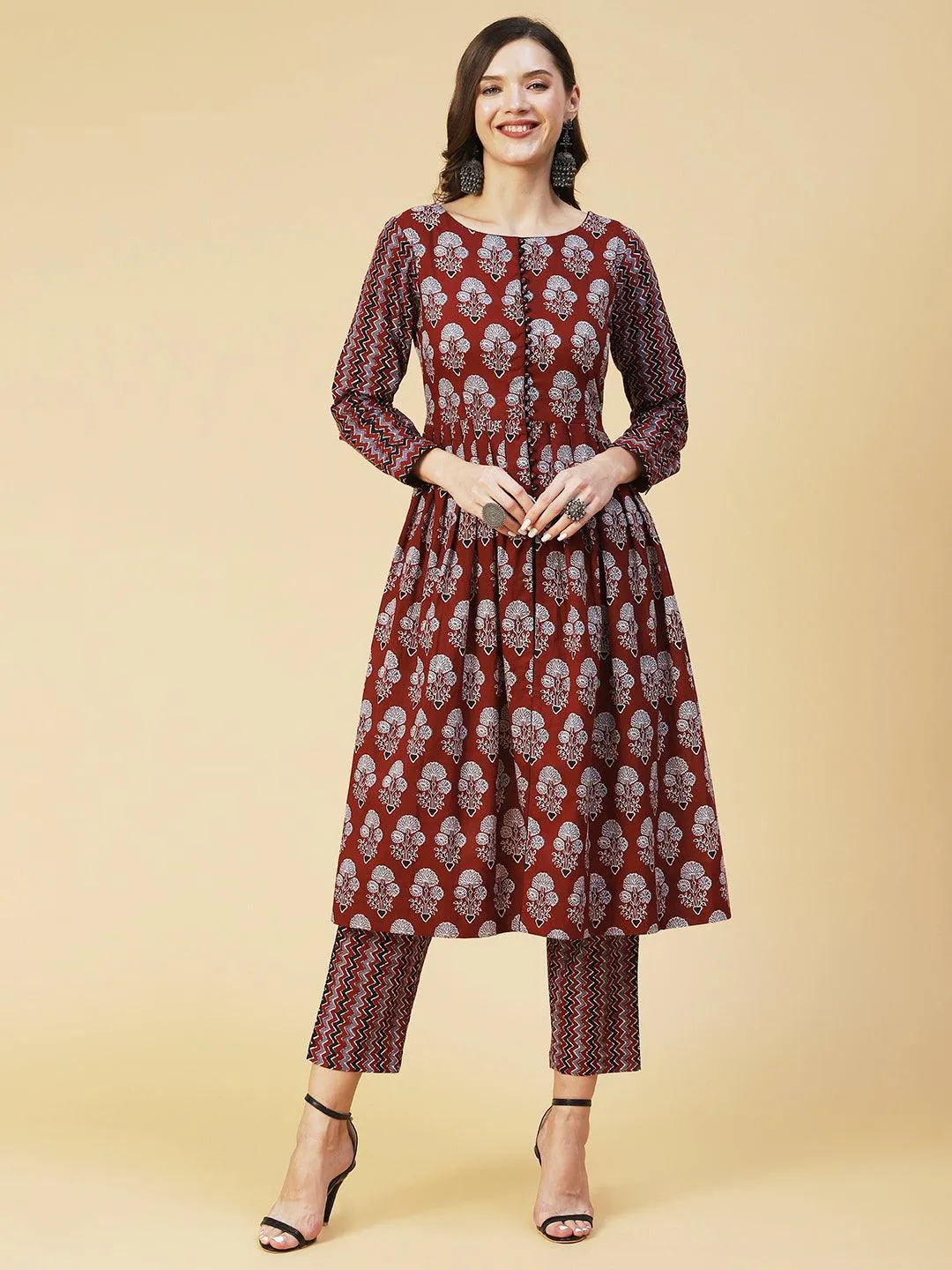 Ethnic Floral Printed A-Line Kurta with Pant - Brown