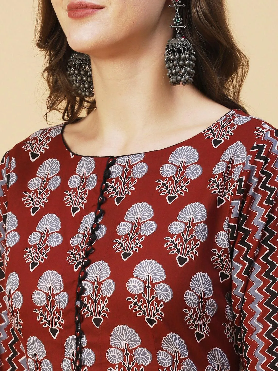 Ethnic Floral Printed A-Line Kurta with Pant - Brown