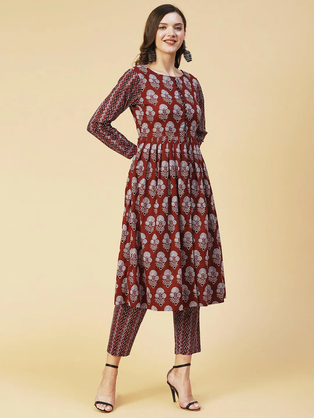 Ethnic Floral Printed A-Line Kurta with Pant - Brown