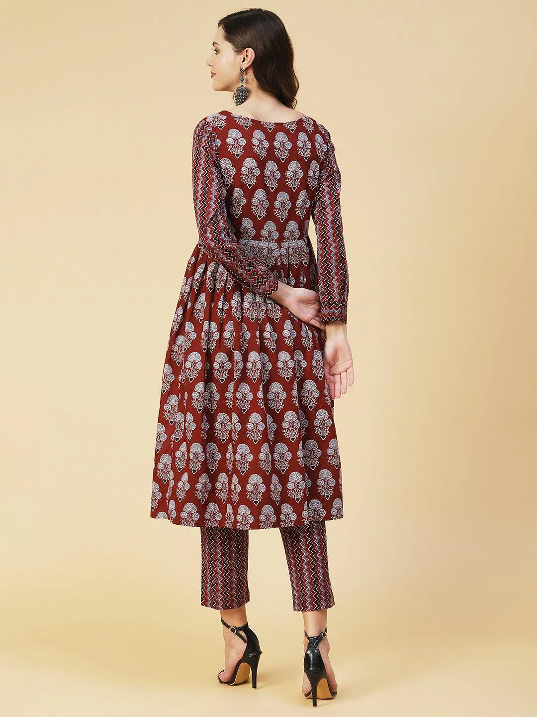 Ethnic Floral Printed A-Line Kurta with Pant - Brown